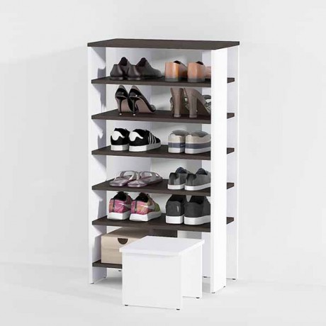 Полиця для взуття висока з табуреткою, ширина 60 см, колір венге темний - білий