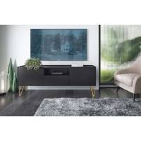 Тумба під телевізор Perfect Home Гармони / Harmony 1-дверна з 2 шухлядами і золотими ніжками RTV144 Чорний/чорний мармур роял (PFH-091179)