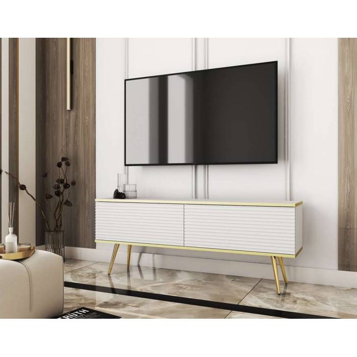 Тумба під телевізор Perfect Home Оро / Oro 2-дверна з золотими ніжками RTV135 MDF Білий (PFH-091329) Тумба під телевізор Perfect Home Оро / Oro 2-дверна з золотими ніжками RTV135 MDF Білий (PFH-091329)