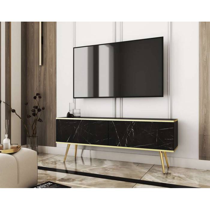 Тумба під телевізор Perfect Home Оро / Oro 2-дверна з золотими ніжками RTV135 Чорний мармур роял (PFH-091323) Тумба під телевізор Perfect Home Оро / Oro 2-дверна з золотими ніжками RTV135 Чорний мармур роял (PFH-091323)